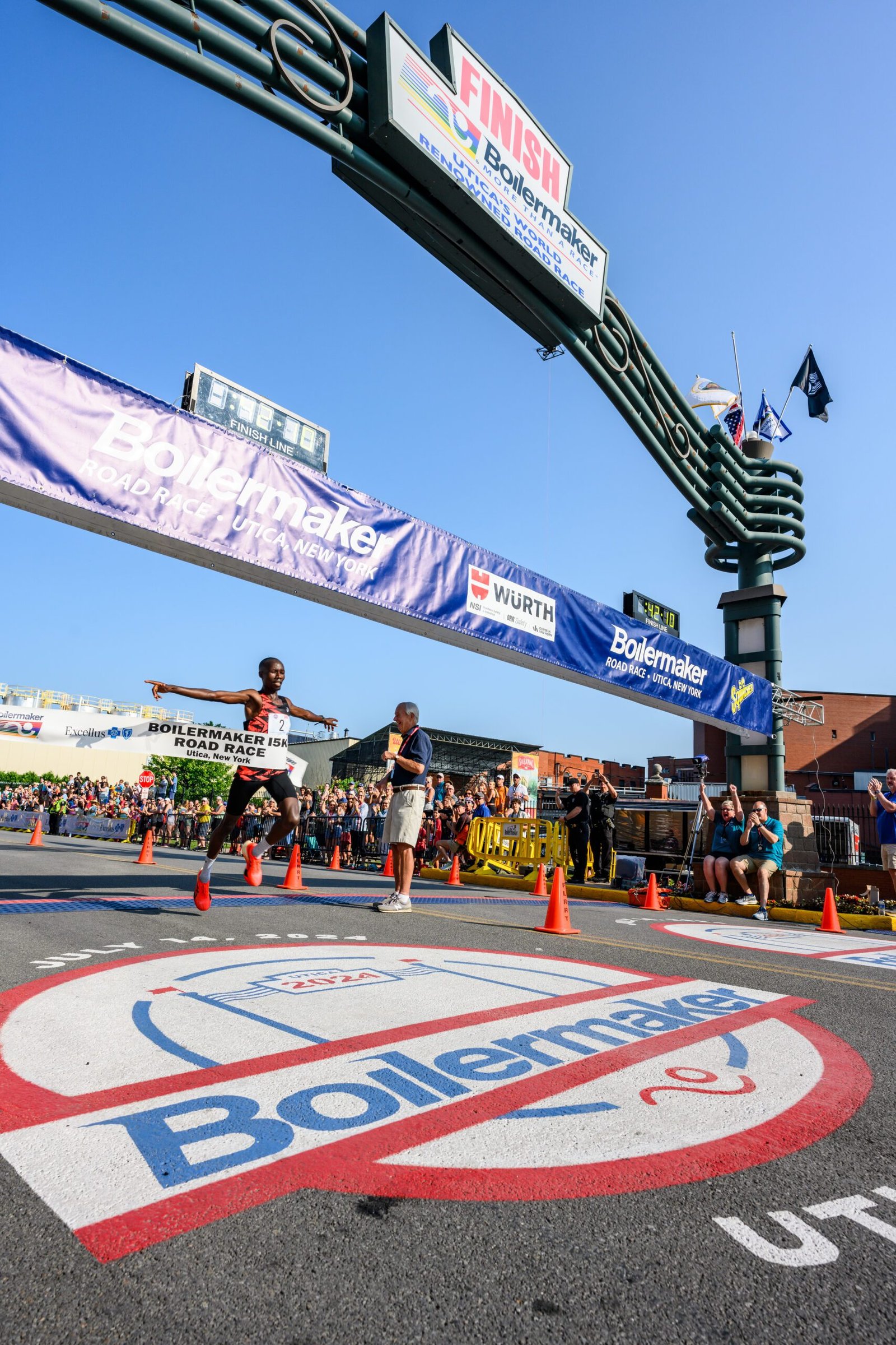 John Korir crosses the finish line to win the 2025 Boilermaker 15K presented by Excellus BlueCross BlueShield. The 48thrunning of the Boilermaker Road Race will take place on Sunday, July 13, 2025.