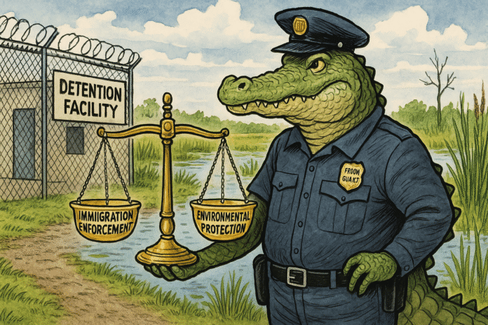 alligator wearing a prison guard uniform standing at the entrance of a detention facility surrounded by Everglades wetlands, with scales of justice balanced between immigration enforcement and environmental protection
