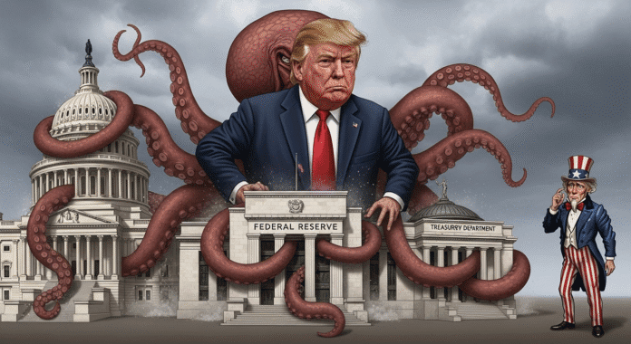 Political cartoon showing Trump as a giant octopus with tentacles wrapped around the Capitol building, Federal Reserve building, and Treasury Department, with Uncle Sam looking concerned in the background