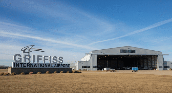 A wide photograph of the Griffiss International Airport sign, with the iconic hangar in the background and a clear blue sky, conveying a sense of opportunity.