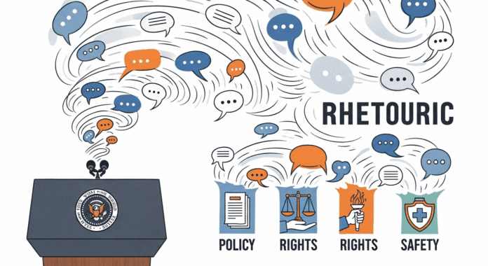 A White House podium with speech balloons swirling into a cloud labeled “Rhetoric,” transforming into smaller icons marked “Policy,” “Rights,” and “Safety,” in a clear, editorial style.