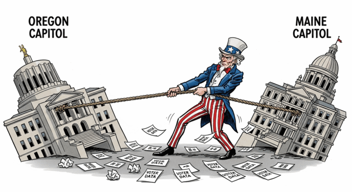 A political cartoon showing Uncle Sam (representing federal government) pulling on a rope attached to state capitol buildings labeled 