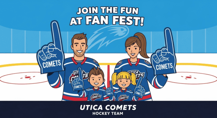 A simple, inviting cartoon graphic showing a family (parents and kids) wearing Comets jerseys and holding foam fingers, with the text 