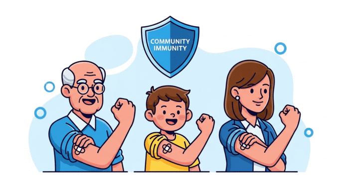 A friendly cartoon graphic of a diverse group of people (a senior, a child, a professional) all flexing their arms to show off a small bandage. A shield icon floats above them with the text 