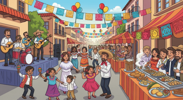 Hispanic heritage festival with food, music, and dancing families
