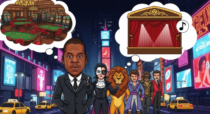 An illustrated scene featuring a cartoon version of Jay-Z in a business suit standing next to cartoon Broadway performers in costume, with thought bubbles showing a casino and theater respectively, set against a stylized Times Square backdrop.