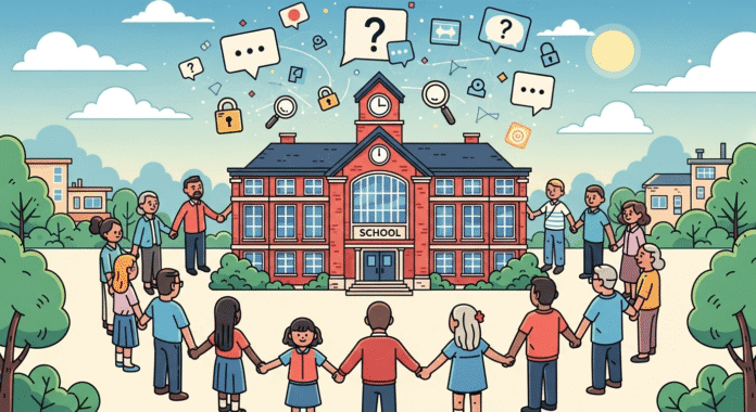a school building surrounded by a community of diverse people holding hands, with anonymous tip icons floating above, representing collective safety efforts