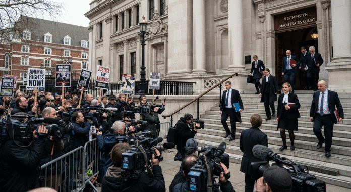 Westminster Magistrates' Court exterior with media crews, protesters holding animal rights signs, and legal officials walking up the courthouse steps.