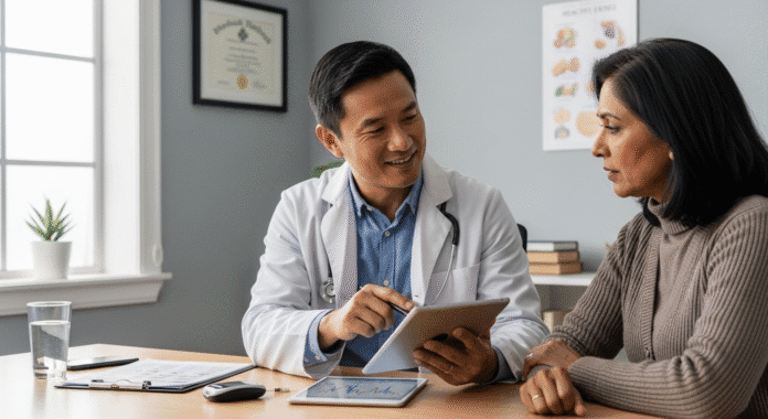 A warm, professional photograph of a diverse doctor explaining diabetes test results to a concerned patient, with medical charts and glucose monitoring equipment visible on the desk, emphasizing the importance of early diagnosis