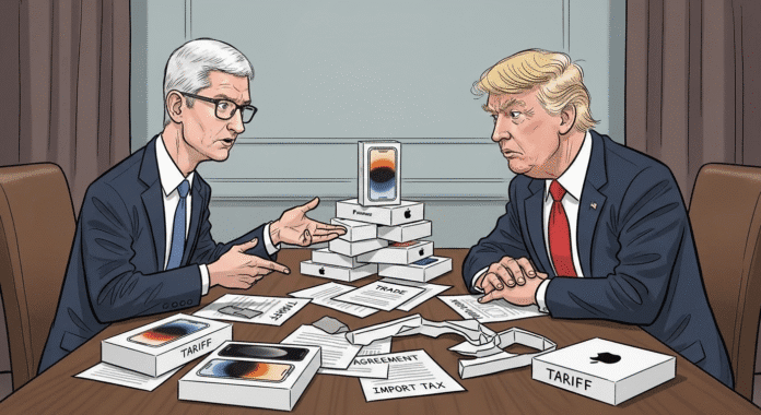 Tim Cook and Donald Trump sitting across a negotiation table with iPhone boxes and tariff documents scattered between them, both wearing concerned expressions