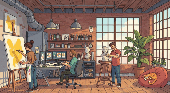 Colorful illustration of artists working in modern loft spaces with large windows and creative workstations