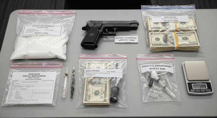 A professional, well-lit photograph showing evidence bags containing white powder, a handgun, cash, and drug paraphernalia laid out on a police department evidence table with official markers and documentation.