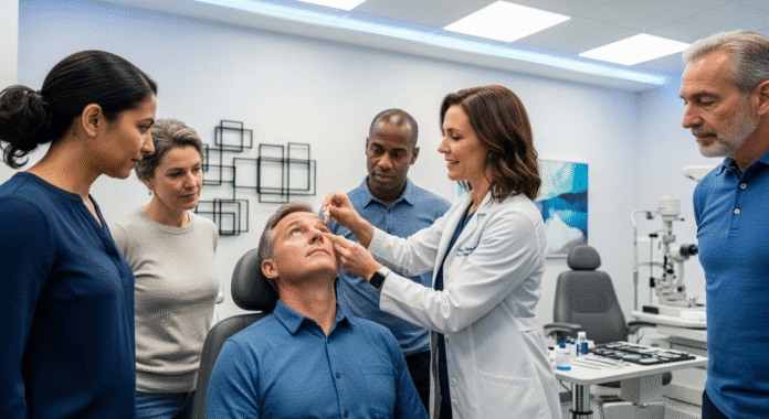 Professional medical photography of a diverse group of adults over 40 in a modern clinic setting, with an ophthalmologist demonstrating eye drop application, bright clinical lighting, high resolution