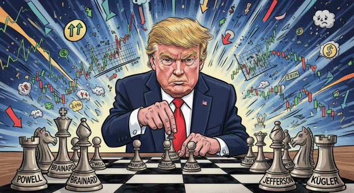 Cartoon depicting Trump as a chess player moving pieces labeled with Fed governors' names, while economic indicators swirl chaotically in the background