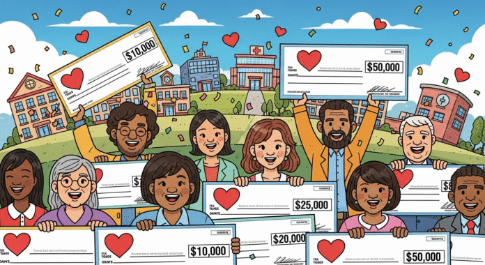 Cartoon-style image of diverse people holding oversized donation checks with hearts and community buildings in background