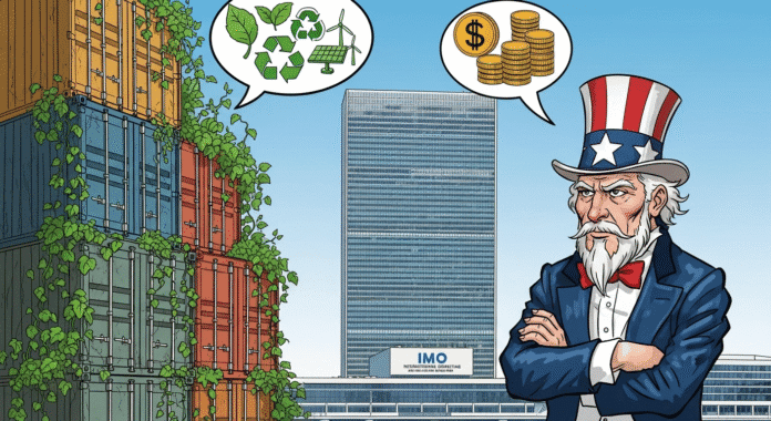 A cartoon showing shipping containers on one side with green leaves growing from them, facing off against Uncle Sam with crossed arms and a stern expression, with the IMO building in the background and speech bubbles showing dollar signs vs. green symbols.