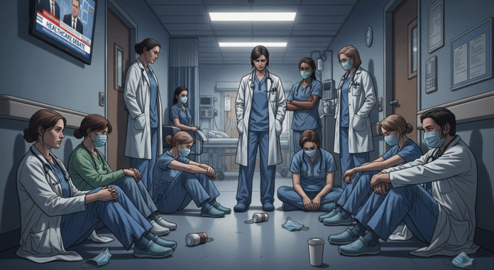 Exhausted Healthcare Team: A realistic photo of diverse healthcare workers (doctors, nurses, technicians) looking tired and contemplative in a hospital hallway, with subtle lighting that conveys the emotional weight of their situation.