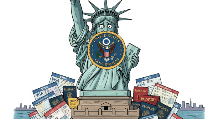 Political cartoon showing the Statue of Liberty with her mouth covered by a government seal, with visa documents scattered at her feet