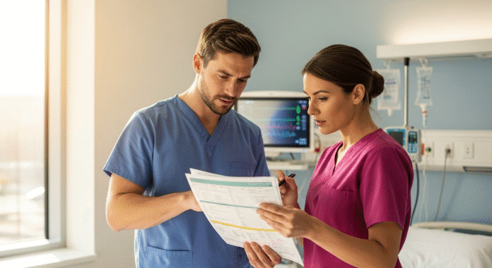 A candid-style photo of a doctor and nurse collaborating in a brightly lit, modern hospital room, looking attentively at a patient's chart (patient not visible).