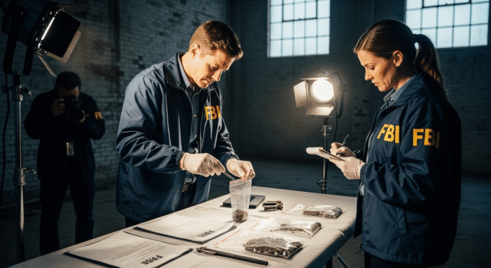 FBI agents examining evidence at a crime scene with professional lighting and documentary-style composition