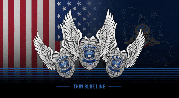 A stylized illustration showing three police badges with angel wings, surrounded by American flag colors and Pennsylvania state symbols, with 