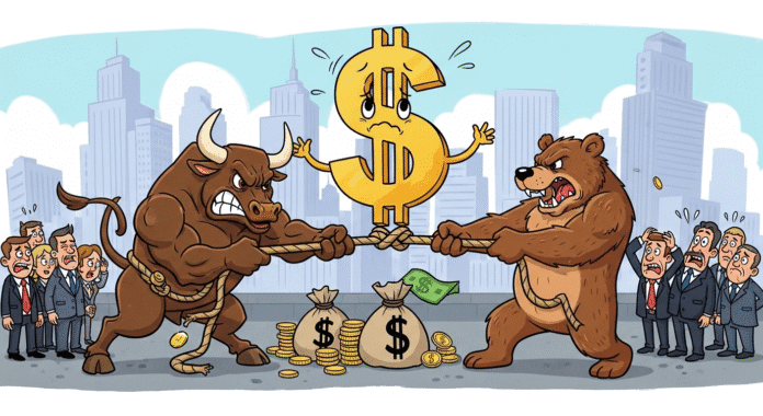 A whimsical cartoon depicting the famous Wall Street bull and bear in a tug-of-war over a large dollar sign, with cartoon investors in business suits watching from the sidelines with mixed expressions of hope and concern.