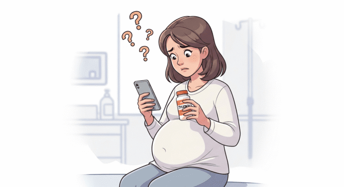 a concerned pregnant woman holding a Tylenol bottle while reading conflicting health information on her phone, with question marks floating around her head, soft pastel colors, medical setting