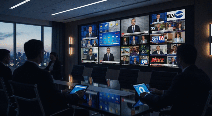 Corporate Boardroom Control: A dramatic photo-realistic image of a sleek corporate boardroom with executives silhouetted against wall-mounted screens showing various local TV stations and news broadcasts, emphasizing the distant decision-making power over local programming.