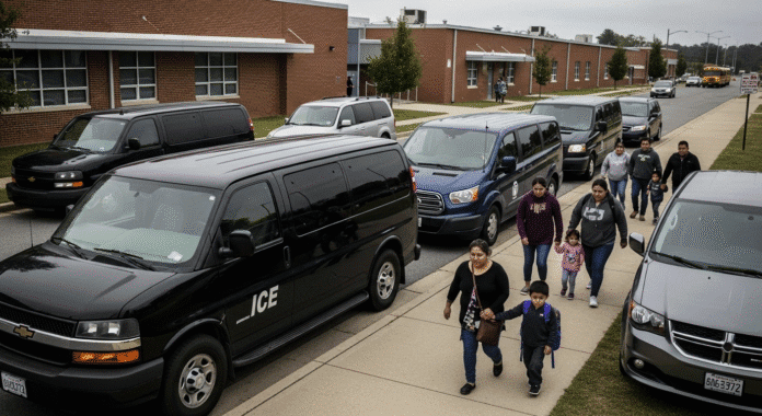 Unmarked ICE vehicles parked outside a school during drop-off time, with parents nervously walking children to the entrance, capturing the real fear in communities