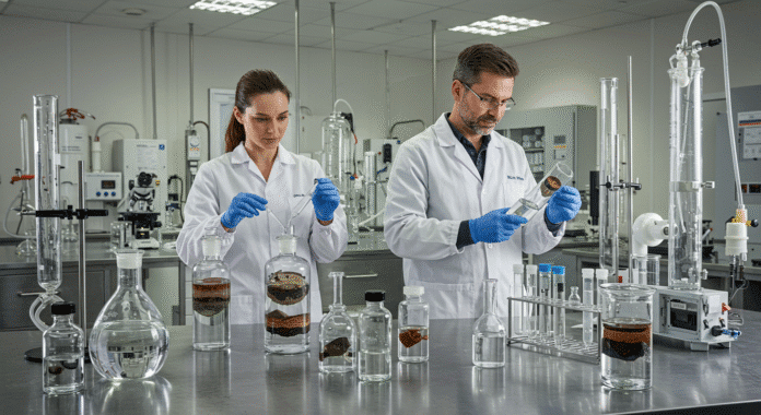Scientific laboratory scene showing researchers analyzing clear water samples in glass containers, with detailed equipment and core samples arranged on pristine lab tables