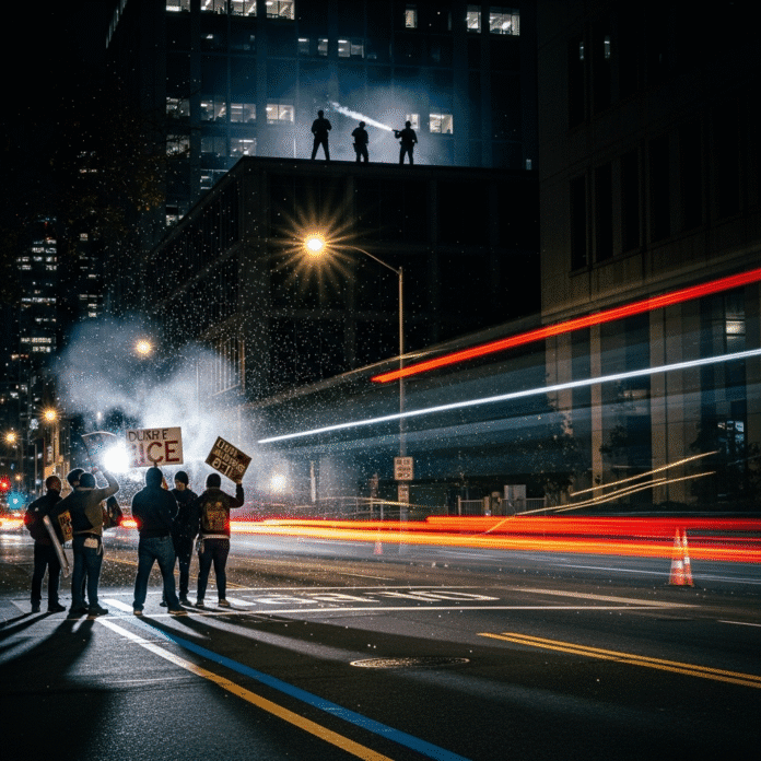 Nighttime scene outside Portland’s ICE building: small group of protesters near a painted blue line, officers visible on the roof, pepper ball residue in the air, long‑exposure city lights, high dynamic range, documentary realism.