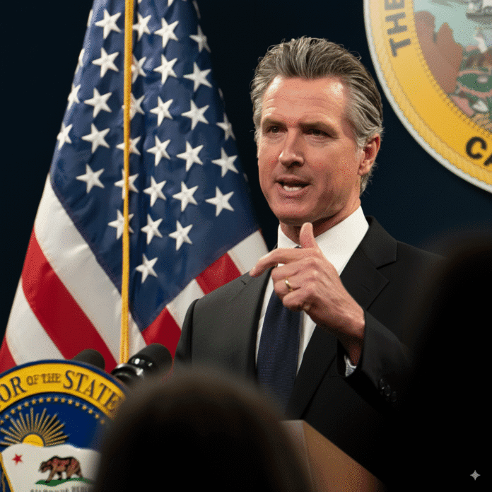 Professional photo of Gavin Newsom speaking passionately at a podium with American flag in background, serious expression conveying urgency about democratic threats