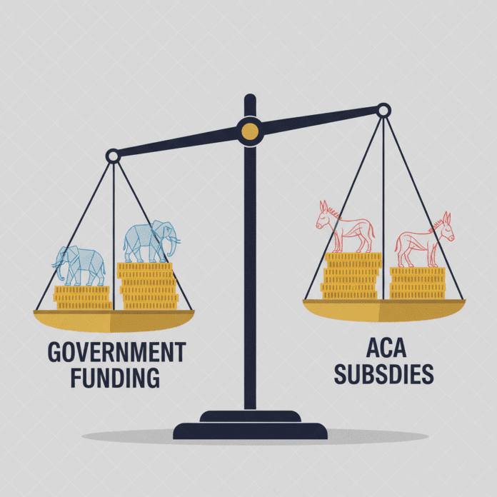 a balancing scale: one side “Government Funding,” the other “ACA Subsidies,” with the scale level; subtle elephants and donkeys as weights