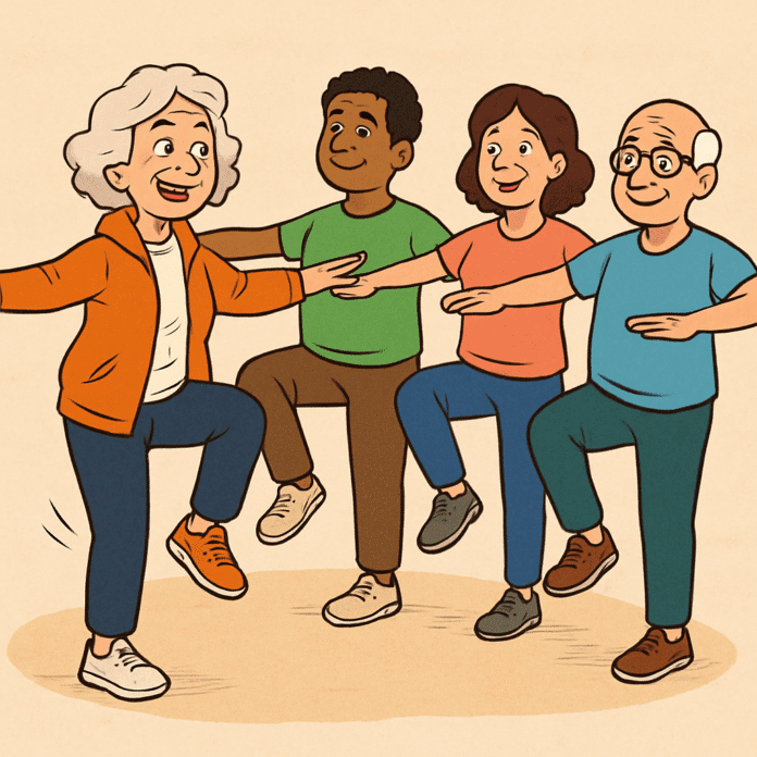 Cartoon Style: Active senior woman teaching balance exercises to diverse group