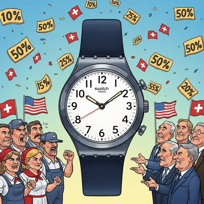 A colorful cartoon illustration of a Swatch watch with reversed 3 and 9 on the dial, surrounded by floating tariff percentage signs and Swiss flags, in a humorous protest style like political cartoons, with exaggerated expressions on cartoon characters representing Swiss workers and U.S. politicians.