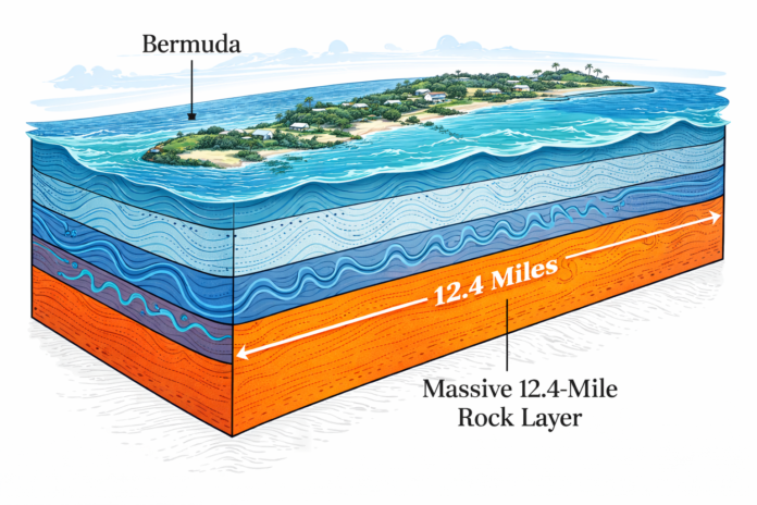 illustration showing a cross-section view of Bermuda island with colorful layered geological strata beneath it