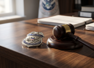 ICE Misconduct: 24 Employees Charged Since 2020 Government Badge and Gavel on Desk