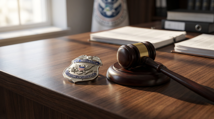 Government Badge and Gavel on Desk
